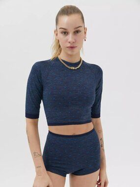 SPLITS59 Coco Navy Blue Polka Dot Seamless Jersey Cropped T-Shirt Top, Size S/M